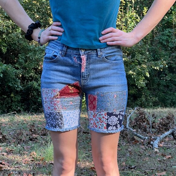 Upcycled Patchwork Denim Shorts, Boho Festival Shorts with Mixed Floral Patches - Picture 2 of 7